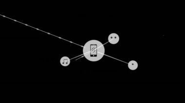 Animation of network of digital icons against black background. Global networking and business technology concept