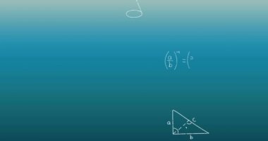 Mavi arkaplan üzerinde matematiksel formüllerin animasyonu. Bilim, eğitim, okul ve öğrenim konsepti dijital olarak oluşturulmuş video.