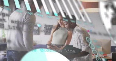 Animation of financial data processing over diverse business people in office. Global business, finances, computing and data processing concept digitally generated video.