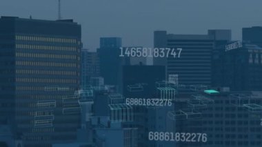 Değişen sayılar ve gökyüzüne karşı modern binalar üzerinden şehrin 3D modelinin animasyonu. Dijital bileşik, çoklu pozlama, üç boyutlu, iş, büyüme ve mimari konsept.