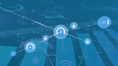Animation of network of digital icons over statistical data processing against blue background. Global networking and business data technology concept