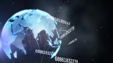 Değişen sayılar ve dönen küre ve ışık noktaları üzerindeki ışık izlerinin animasyonu. Küresel ağ ve iş teknolojisi kavramı
