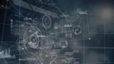 Kara arkaplanda veri işleme katmanlarının üzerinde hareket eden bağlantı ağının animasyonu. Küresel iletişim, veri teknolojisi ve dijital arayüz konsepti dijital olarak oluşturulmuş video.