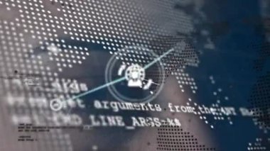 Bilgisayar dili ve küreye bağlı ikonların animasyonu, melez bir kadının gözünün yakın çekimi. Dijital bileşik, çoklu pozlama, iletişim, küreselleşme, kodlama ve teknoloji kavramı.