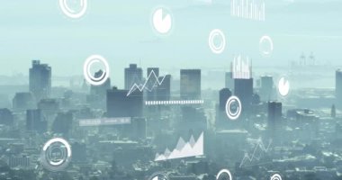 Animation of financial data processing over cityscape. Global business, finances, computing and data processing concept digitally generated video.