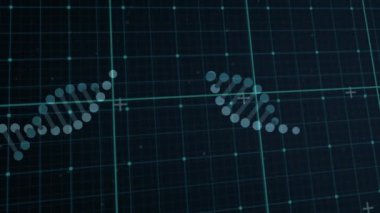 Siyah arkaplan üzerinde dönen DNA yapılarının animasyonu. Tıbbi araştırma ve bilim teknolojisi kavramı