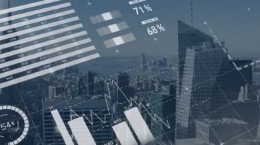Animation of financial data processing over cityscape. Global business, finances, computing and data processing concept digitally generated video.