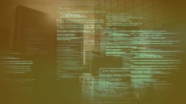 Yüksek binaların görüntüsüne karşı veri işleme animasyonu. Bilgisayar arayüzü ve iş teknolojisi kavramı