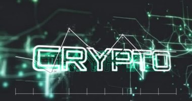 Siyah arkaplana karşı şifreli metin pankartı ve ışık izleri üzerinden veri işleme animasyonu. Kripto para birimi ve iş teknolojisi kavramı