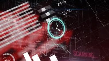 Finansal veri işleme üzerindeki saatin animasyonu. Küresel iş, finans, hesaplama ve veri işleme kavramı dijital olarak oluşturulmuş video.