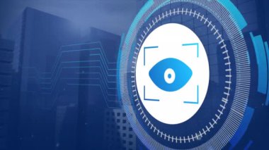 Beyaz parçacıkların yuvarlak tarayıcıdan yüksek binalara düşüşünün animasyonu. Bilgisayar arayüzü ve iş teknolojisi kavramı