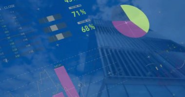 Animation of statistical data processing against low angle view of tall building. Business data technology concept