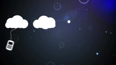 Laptop, bilgisayar, akıllı telefon ve cep telefonunun bağlı noktalarda asılı olduğu bulutların animasyonu. Dijital olarak üretilen, bulut hesaplama, kablosuz teknoloji, telekomünikasyon, fütürist.