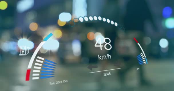 电动汽车速度计数据处理在城市上空的动画化 全球电动汽车旅行 计算和数据处理概念 — 图库视频影像