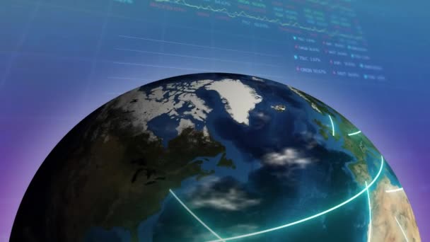 Animering Snurrande Jordklotet Över Statistisk Och Aktiemarknad Databehandling Lutning Bakgrund — Stockvideo