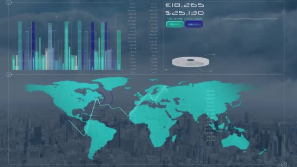 Finansal Veri Işlemenin Animasyonu Manzara Üzerindeki Dünya Haritası Küresel Finans — Stok video