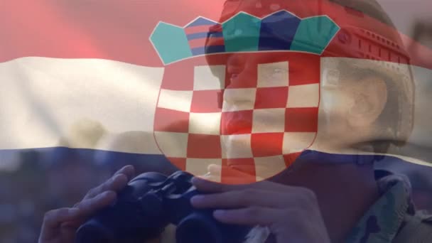 Animation Flag Croatia Caucasian Soldier Binoculars National Armed Forces Defence — Stock Video
