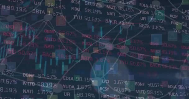Animering Databehandling För Statistik Och Aktiemarknader Mot Nätverk Digitala Ikoner — Stockvideo