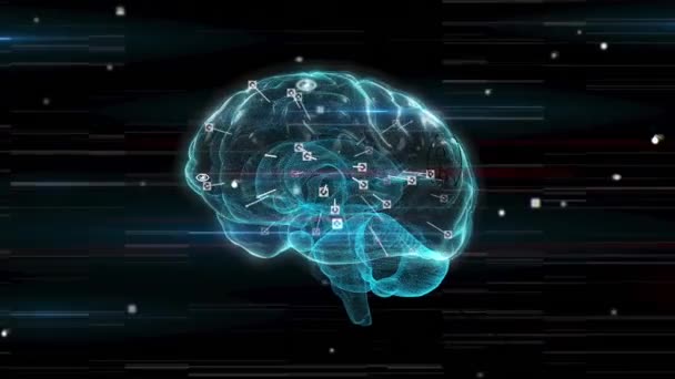 黒い背景に人間の脳のアイコンを回転させる上でのデジタルアイコンとライトトレイルのアニメーション 医学研究科学技術概念 — ストック動画