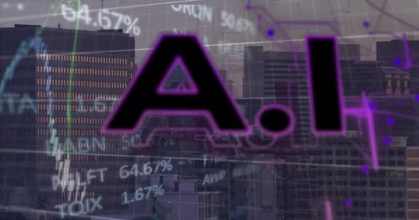 Animação Texto Processamento Dados Sobre Paisagem Urbana Inteligência Artificial Global — Vídeo de Stock