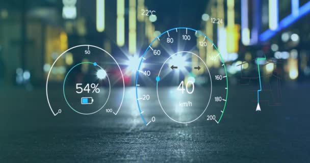 都市上の電気自動車の速度計データ処理のアニメーション グローバル電気自動車旅行 ビジネス コンピューティング データ処理の概念デジタル生成ビデオ — ストック動画