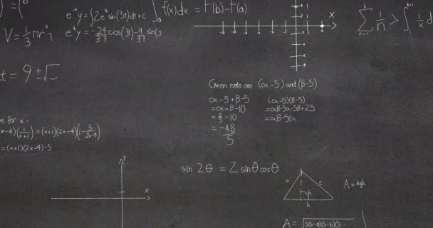 Animación Ecuaciones Matemáticas Fórmulas Diagramas Sobre Fondo Pizarra Gris Concepto — Vídeo de stock