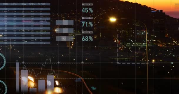 Animering Finansiella Data Bearbetning Över Stadsbilden Globala Affärs Ekonomi Databehandlings — Stockvideo