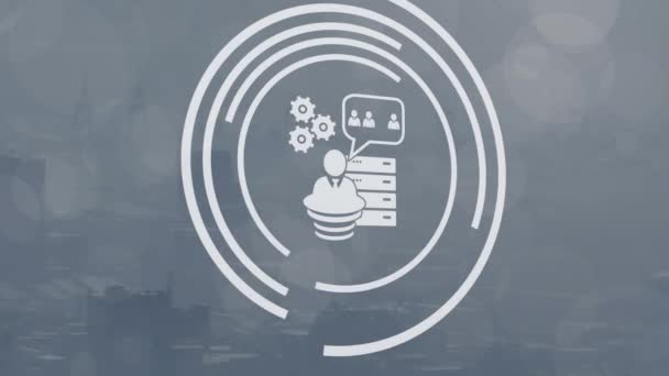 Анимация Иконы Кругах Над Воздушным Видом Тумана Покрывала Современный Городской — стоковое видео