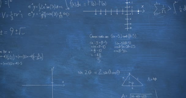与蓝色黑板背景相对照的数学方程 公式和图表的动画 学校和教育概念 — 图库视频影像