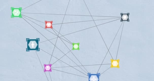 Animation Des Verbindungsnetzes Mit Symbolen Auf Blauem Hintergrund Globale Verbindungen — Stockvideo