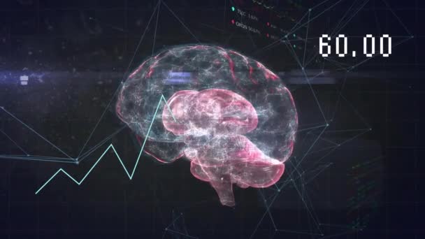 Animatie Van Gegevensverwerking Netwerk Van Verbindingen Tegen Draaiend Menselijk Hersenpictogram — Stockvideo