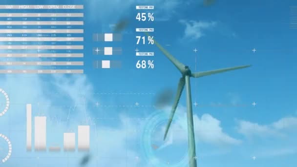 風力タービン上の財務データ処理のアニメーション 地球環境 風力エネルギー ビジネス コンピューティング データ処理の概念デジタル生成ビデオ — ストック動画