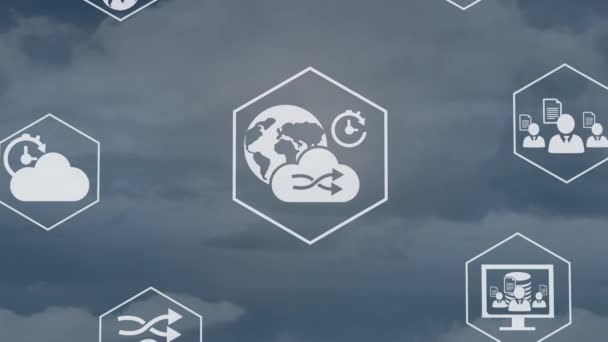 Анімація Єктива Значка Гексагонах Фоні Хмарного Неба Цифровий Композит Багаторазова — стокове відео