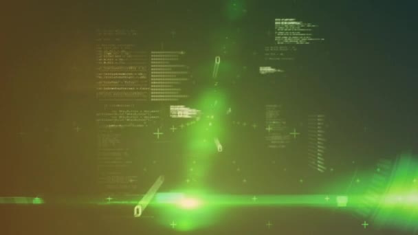 Animatie Van Gegevensverwerking Tegen Groene Lichtvlek Grijze Achtergrond Computerinterface Bedrijfstechnologie — Stockvideo
