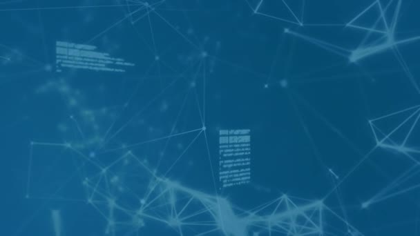 青い背景に対するデータ処理 接続のネットワークとデジタル波のアニメーション グローバルネットワークとビジネスインターフェース技術の概念 — ストック動画