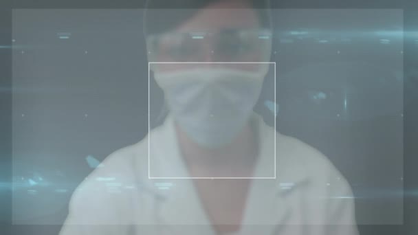 Animação Interface Com Processamento Dados Sobre Médico Feminino Caucasiano Tocando — Vídeo de Stock