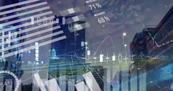 Animering Finansiella Data Bearbetning Över Stadsbilden Globala Affärs Ekonomi Databehandlings — Stockvideo