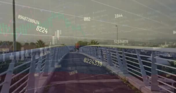 Анімація Інфографічного Інтерфейсу Над Кавказьким Молодим Чоловіком Біжить Мосту Проти — стокове відео