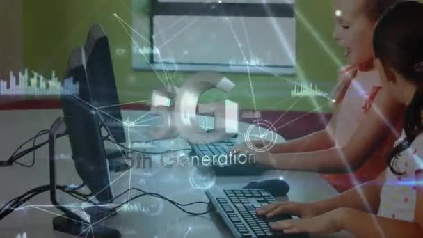 Generációs Animáció Kapcsolódó Pontok Grafikonok Kaukázusi Lányokról Akik Számítógépeken Tanulnak — Stock videók