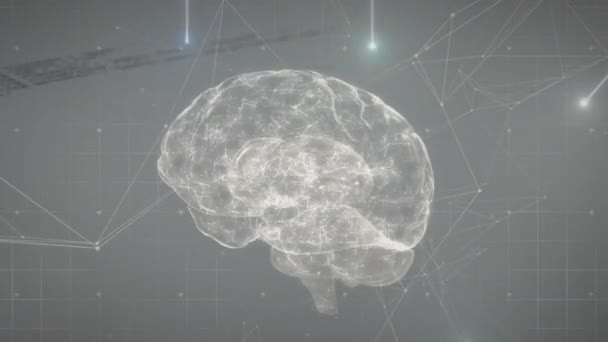 动画的数据处理和发光网络的连接反对旋转人脑图标 医学研究和科学技术概念 — 图库视频影像