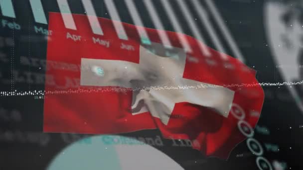 Animacja Przetwarzania Danych Finansowych Nad Banderą Szwajcarii Koncepcja Globalnego Biznesu — Wideo stockowe