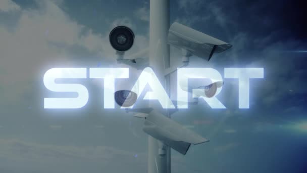 Animatie Van Neon Start Tekst Banner Bewakingscamera Tegen Wolken Lucht — Stockvideo