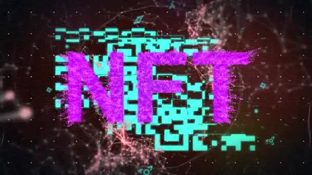 Animatie Van Roze Nft Tekst Blauwe Code Netwerken Gegevensverwerking Zwarte — Stockvideo