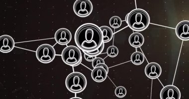 İnsan simgeleriyle bağlantı ağının animasyonu. Dijital olarak oluşturulmuş küresel bağlantılar, hesaplama ve veri işleme kavramı.