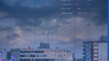 Animation of financial data processing over cityscape. Global business, finances, computing and data processing concept digitally generated video.