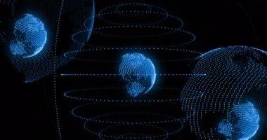 Siyah arka planda dönen ışık izlerinin animasyonu. Küresel ağ ve iş teknolojisi kavramı