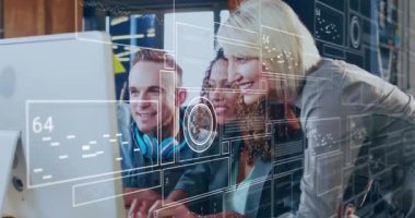 Animation of financial data processing over diverse business people in office. Global business, finances, computing and data processing concept digitally generated video.