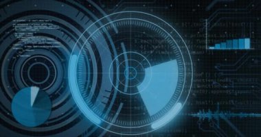 Siyah arkaplan üzerinden tarama ve veri işleme dürbünlerinin animasyonu. Dijital olarak oluşturulmuş küresel bilgisayar ve veri işleme kavramı.