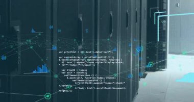 Sunucu odasına karşı profil simgelerinin, bağlantı ağının ve veri işlemenin animasyonu. Küresel ağ ve iş veri depolama teknolojisi kavramı