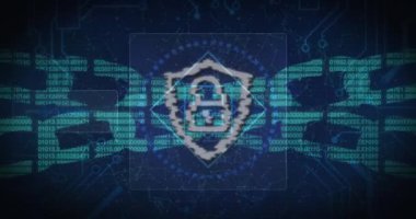 Veri işleme ile birlikte asma kilit ve zincir animasyonu. Dijital olarak oluşturulmuş küresel siber güvenlik, bilgisayar ve veri işleme kavramı.